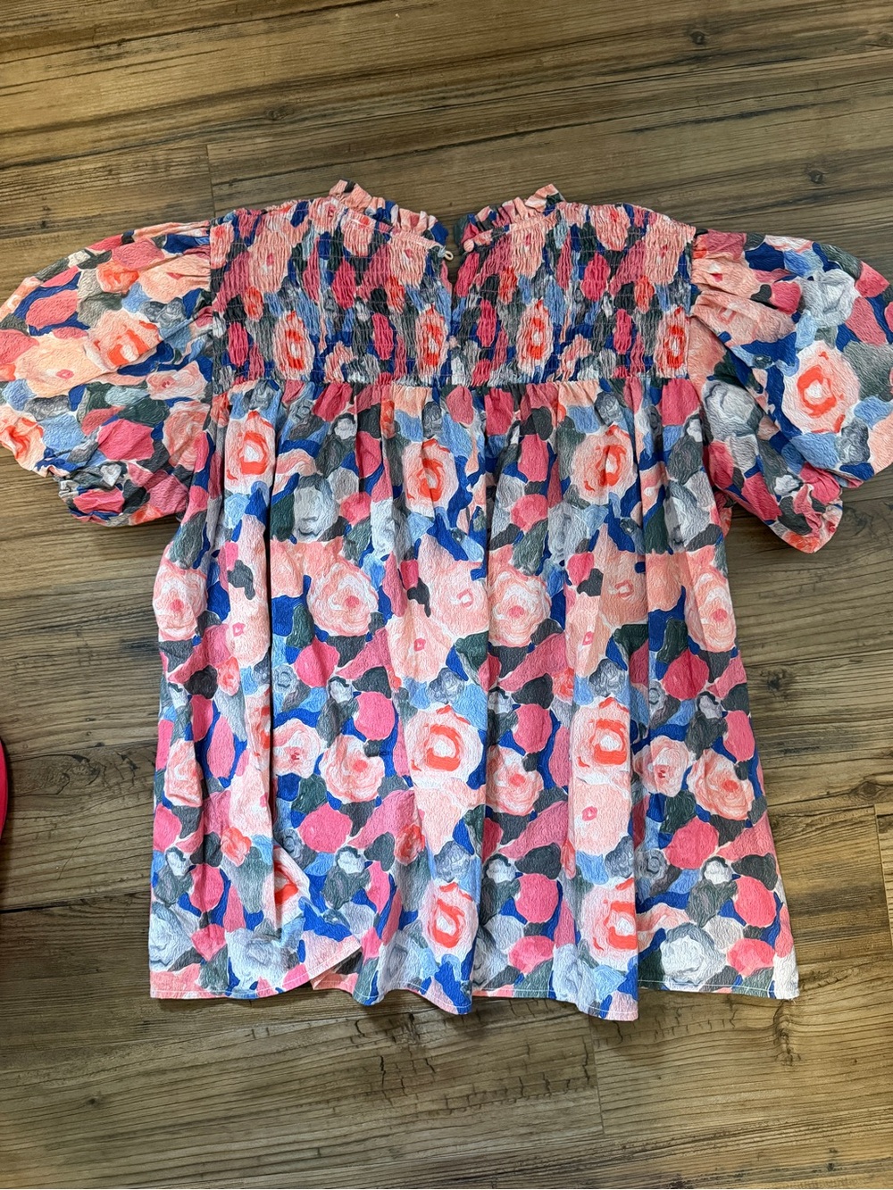 Smocked Floral Short Sleeve Blouse - Pink & Blue - Picture 8 of 8